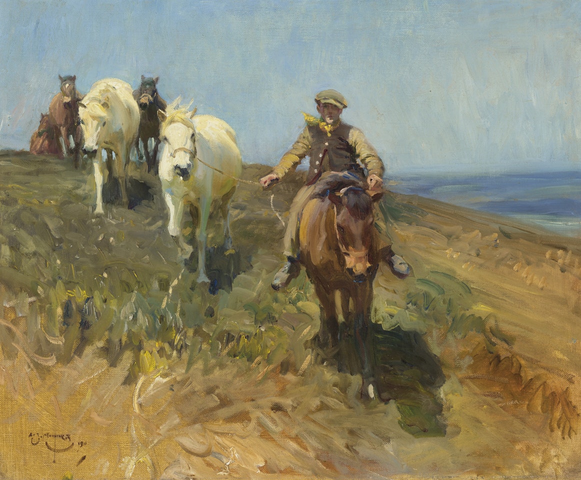 Shrimp Leading Ponies Across the Ringland Hills, Norfolk by Alfred James Munnings