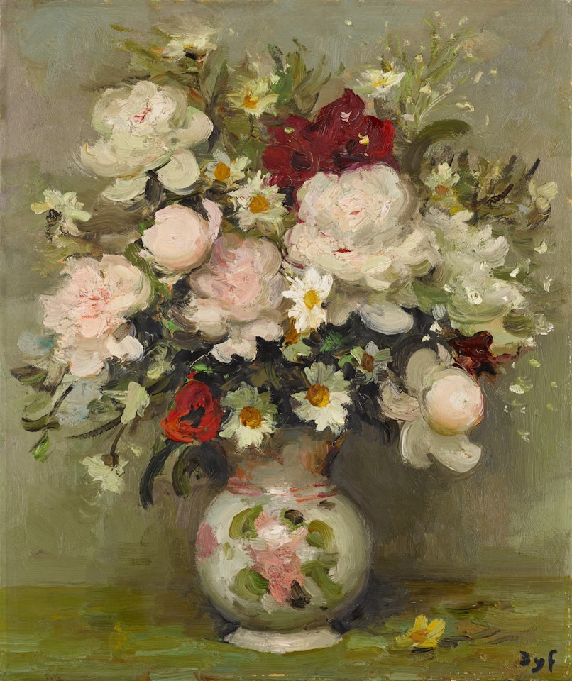 Pivoines et fleurs variées au vase rose by Marcel Dyf