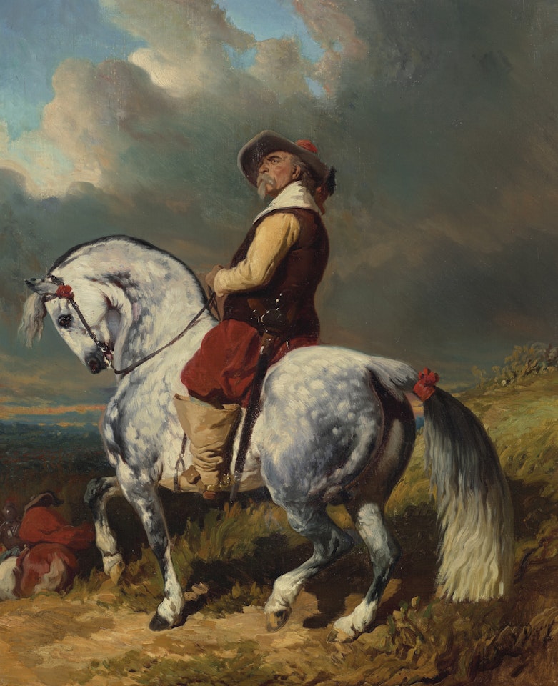 Capitaine des Mousquetaires sur un cheval gris pommelé by Alfred de Dreux