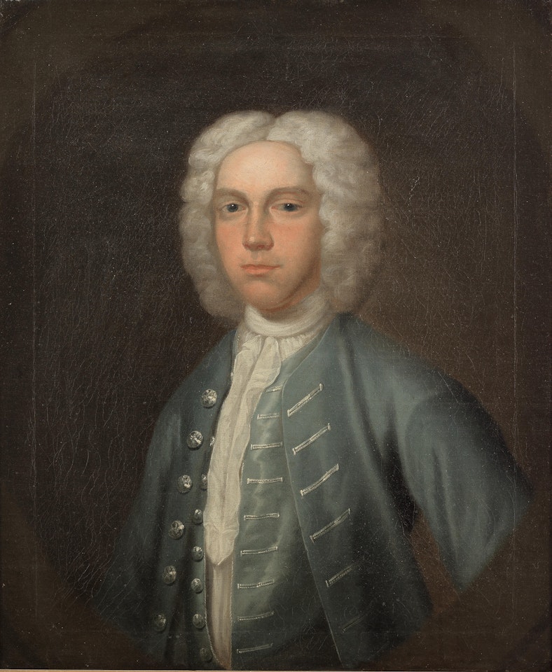 Portrait of a gentleman, half-length, in a blue coat, within a painted oval by English School