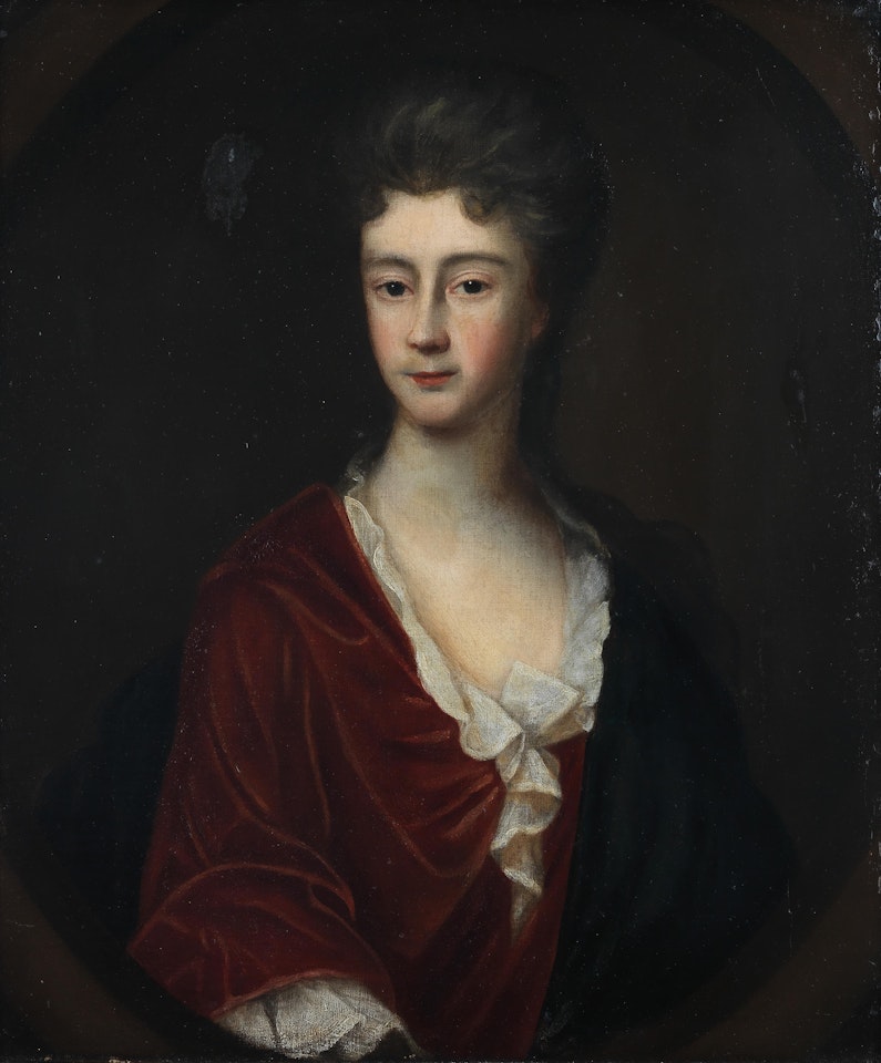 Portrait of a lady, half-length, in a red dress with a blue wrap, within a painted oval by English School