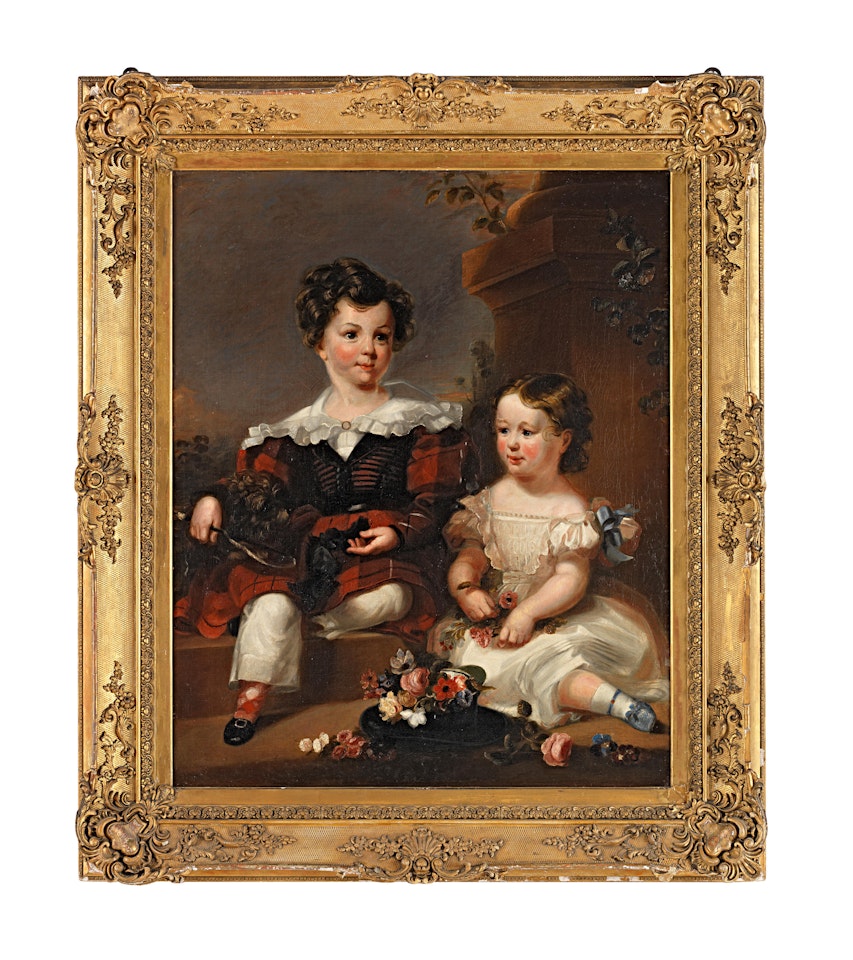 Portrait of two children said to be John and Christina Ramsay with their dog by English School