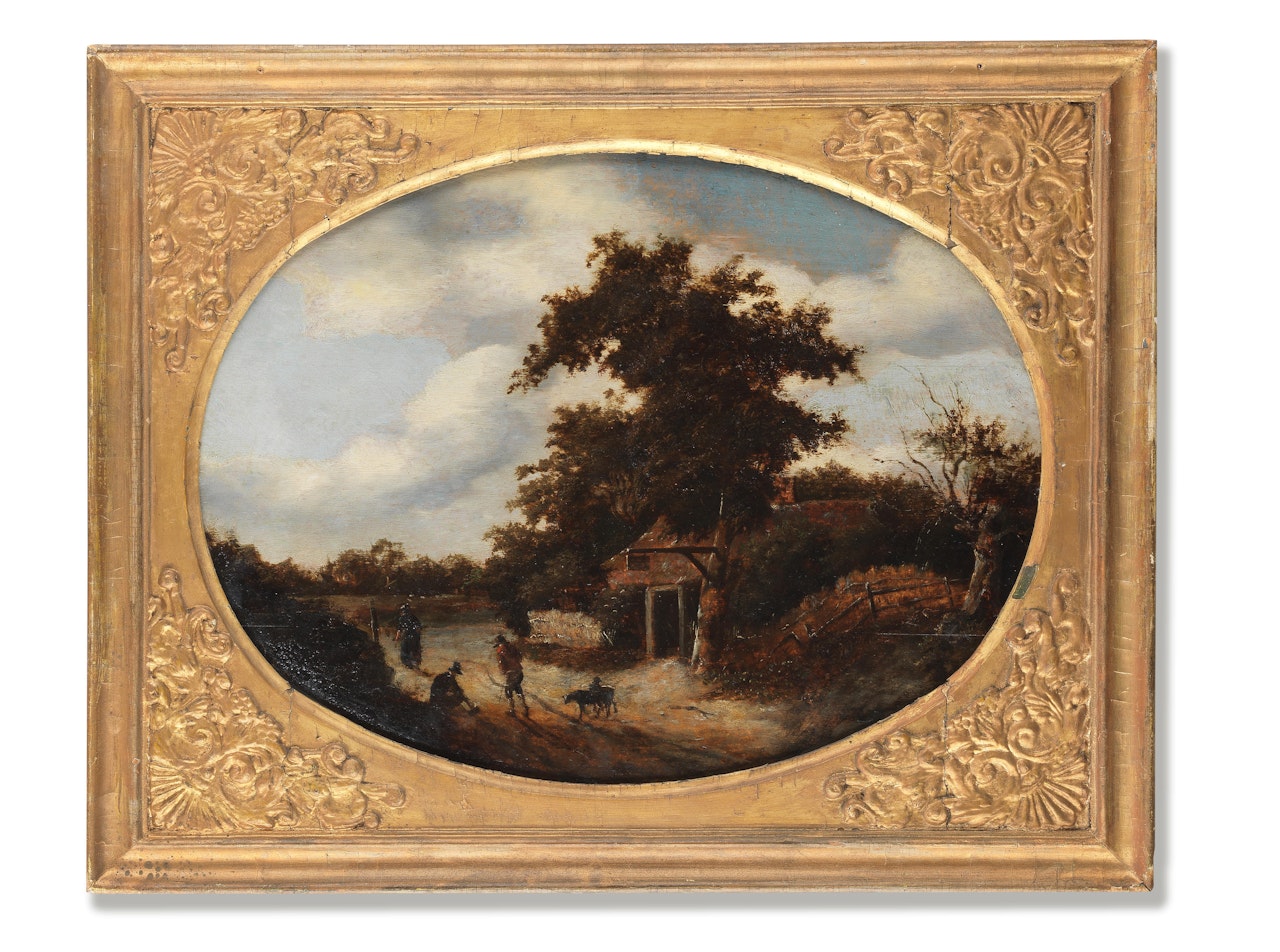 Figures outside a cottage by Dutch School