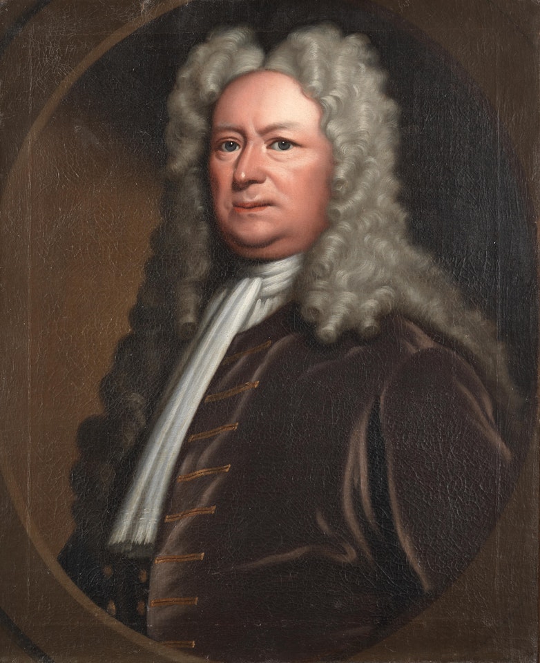 Portrait of a gentleman, half-length, in a brown velvet coat and a white cravat, within a painted oval by English School