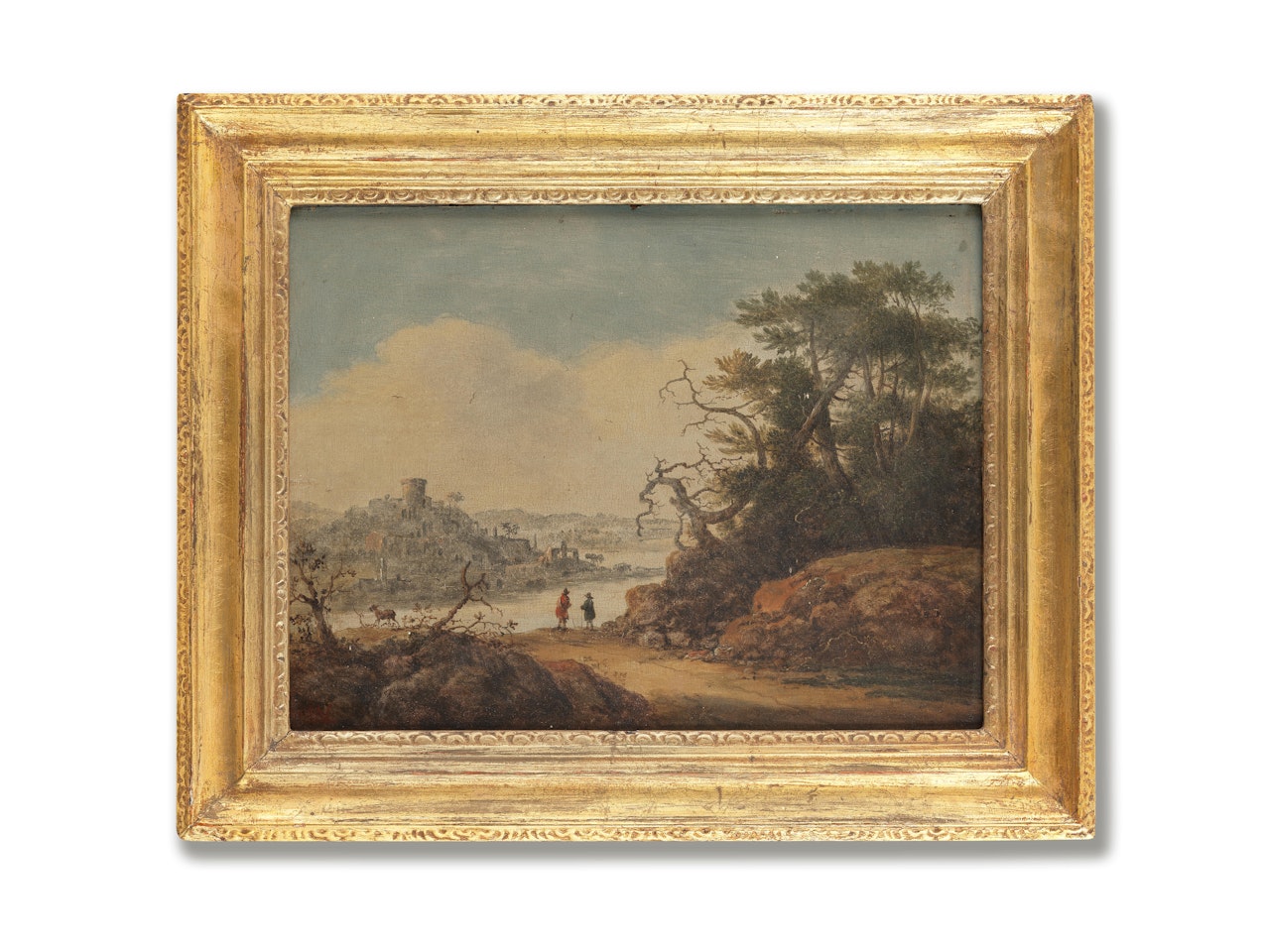 A river landscape with figures on the bank by Dutch School