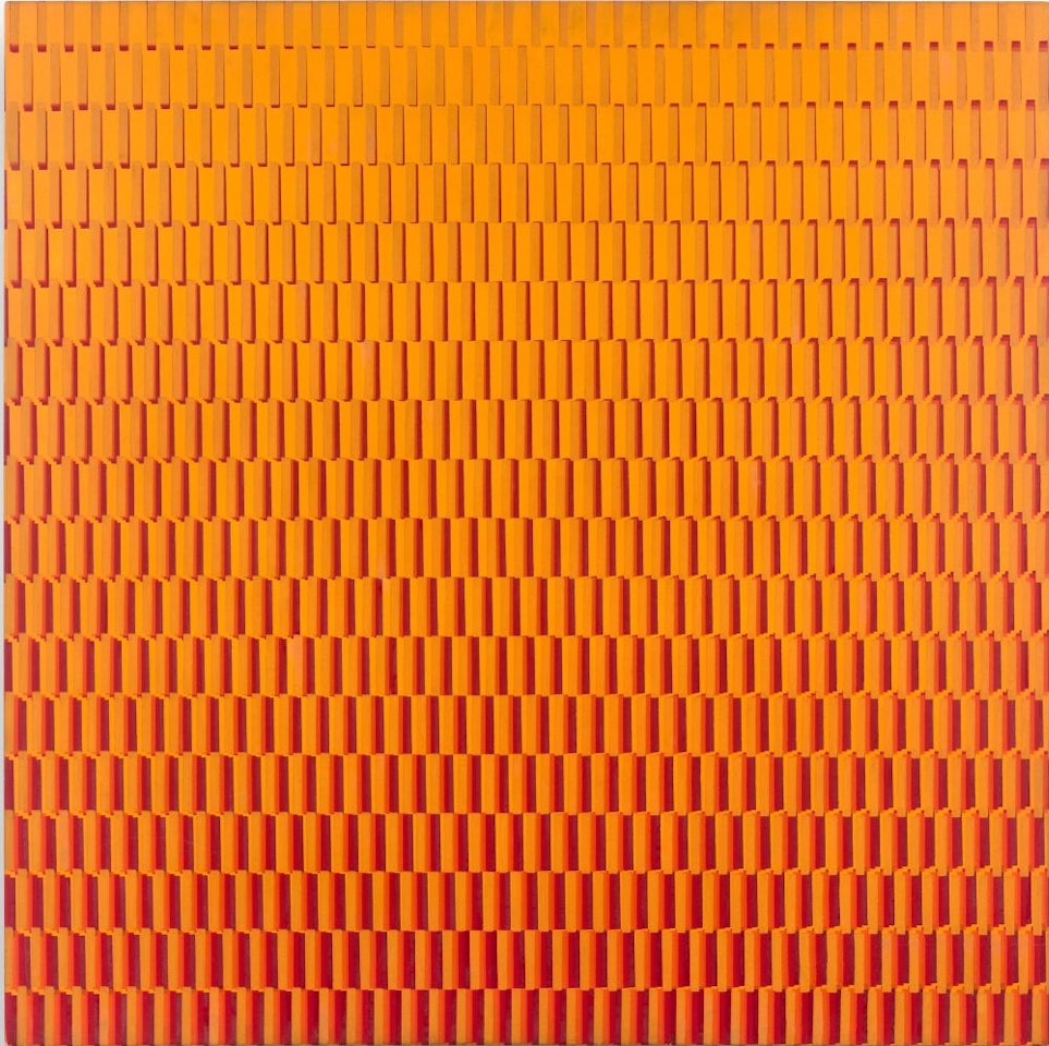 4 TRAMES DE TIRETS REGULIERS DU JAUNE AU ROUGE SUR FOND JAUNE PIVOTEES SUR LE COTE by Francois Morellet