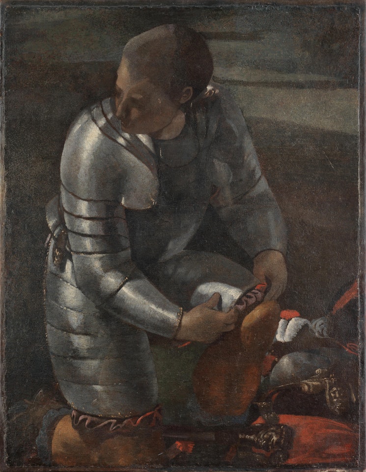 A knight putting on his armour unframed by Italian School