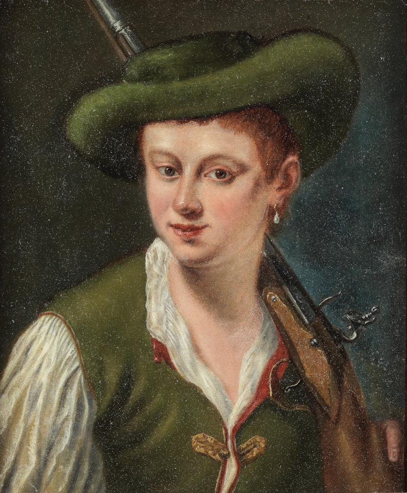 Portrait of a hunter with a rifle over his shoulder by Venetian School