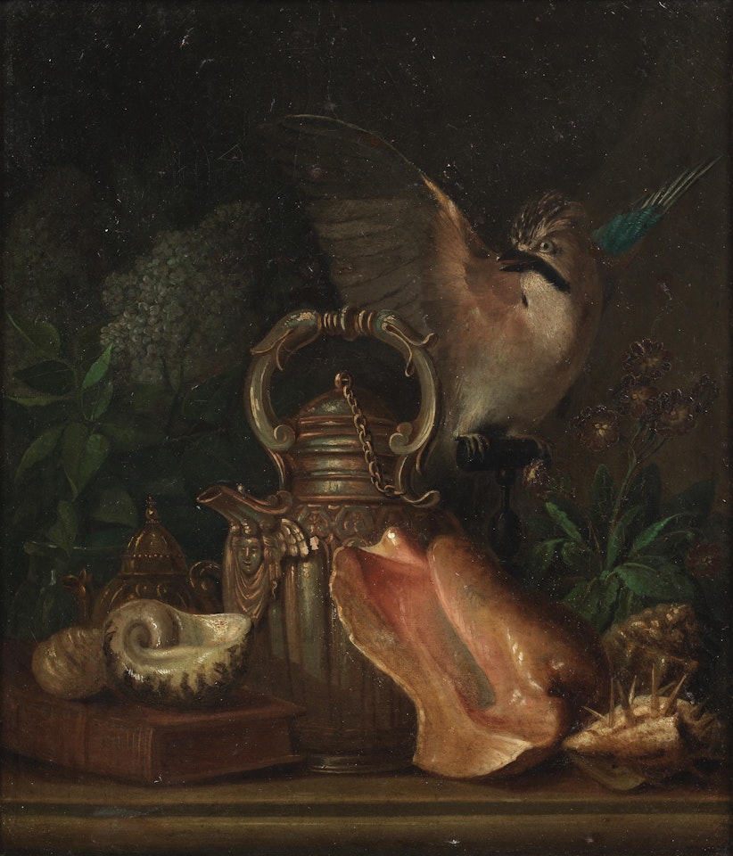 A still life of shells with books, a bunch of lilac, primulas and a Jay by French School