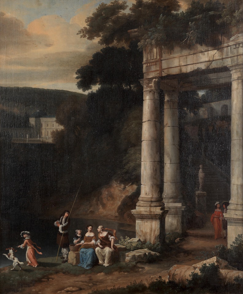 Figures among architectural ruins, a country house in the distance by Dutch School