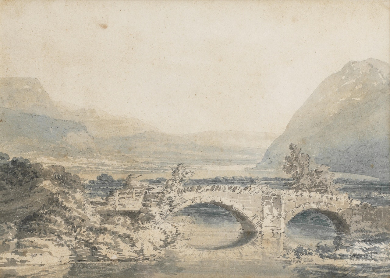 A mountainous river landscape with a bridge by Joseph Mallord William Turner