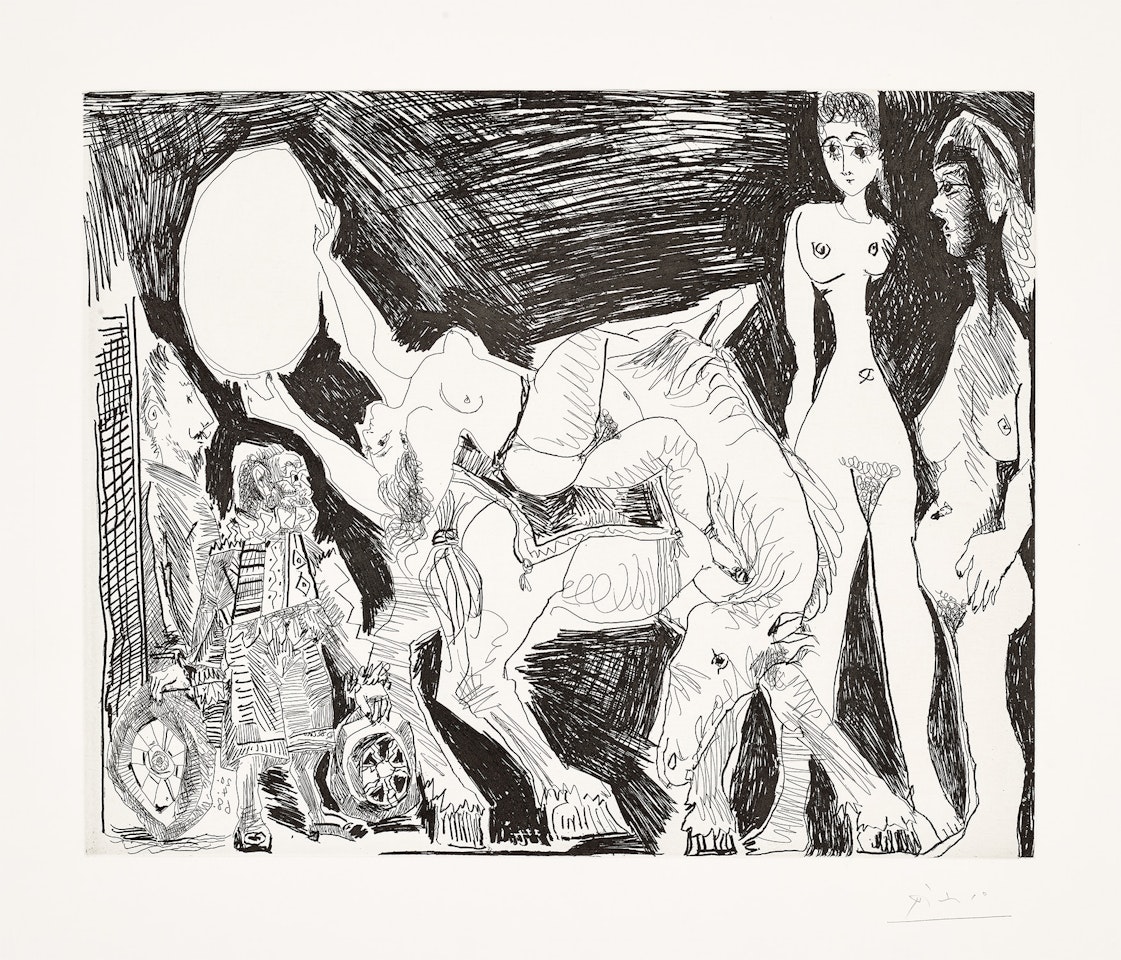 Cirque: écuyère, femmes et spectateurs, dont un garagiste déguisé (Circus: Horsewoman, Women and Spectators, Including a Disguised Mechanic), plate 43 from 347 Series (Bl. 1523, Ba. 1539) by Pablo Picasso