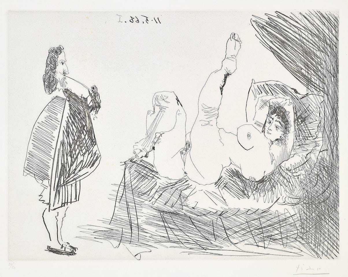 Visiteur Rembranesque chez un courtisane folâtre (Rembrandtesque Visitor to a Playful Courtesan), plate 74 from 347 Series (Bl. 1554, Ba. 1570) by Pablo Picasso