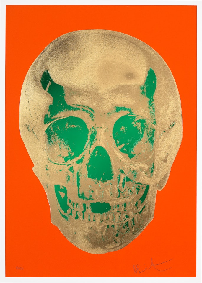 'Till Death Us Do Part - Time Bright Orange African Gold Emerald Green Pop Up Skull by Damien Hirst