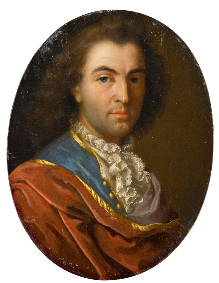 Portrait of a gentleman, half-length, wearing a gold-trimmed blue coat and red cloak by Dutch School