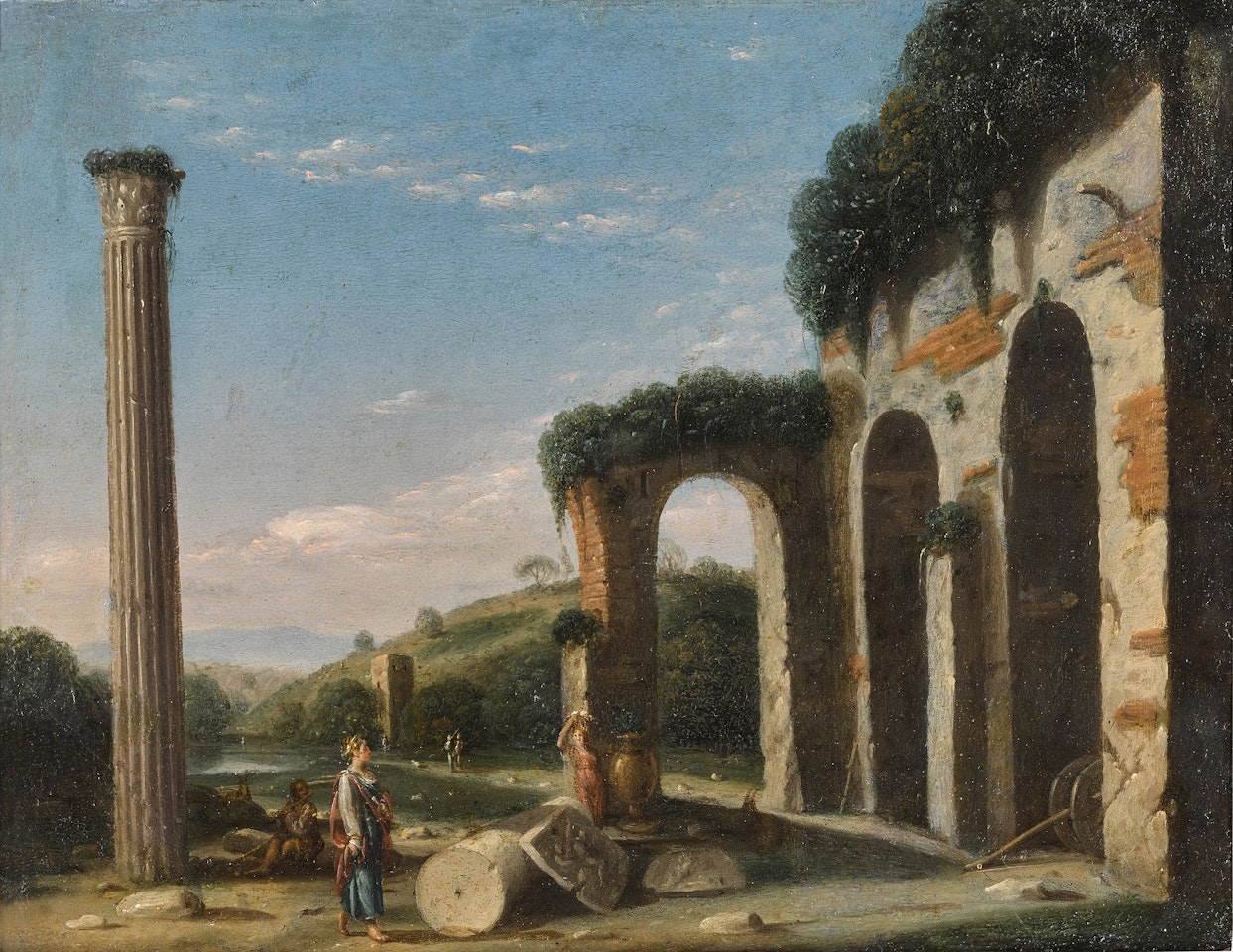 A capriccio landscape with figures beside ancient ruins and a column by Roman School