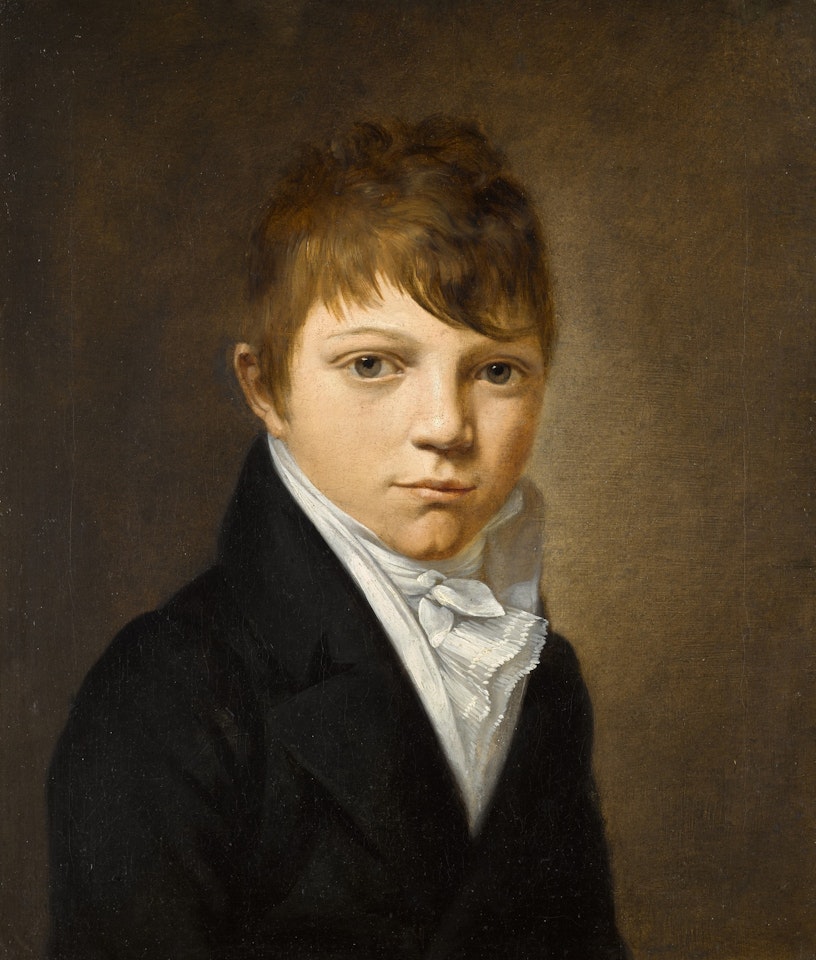Portrait of a young boy, bust-length, wearing a dark coat and white stock by Louis-Leopold Boilly
