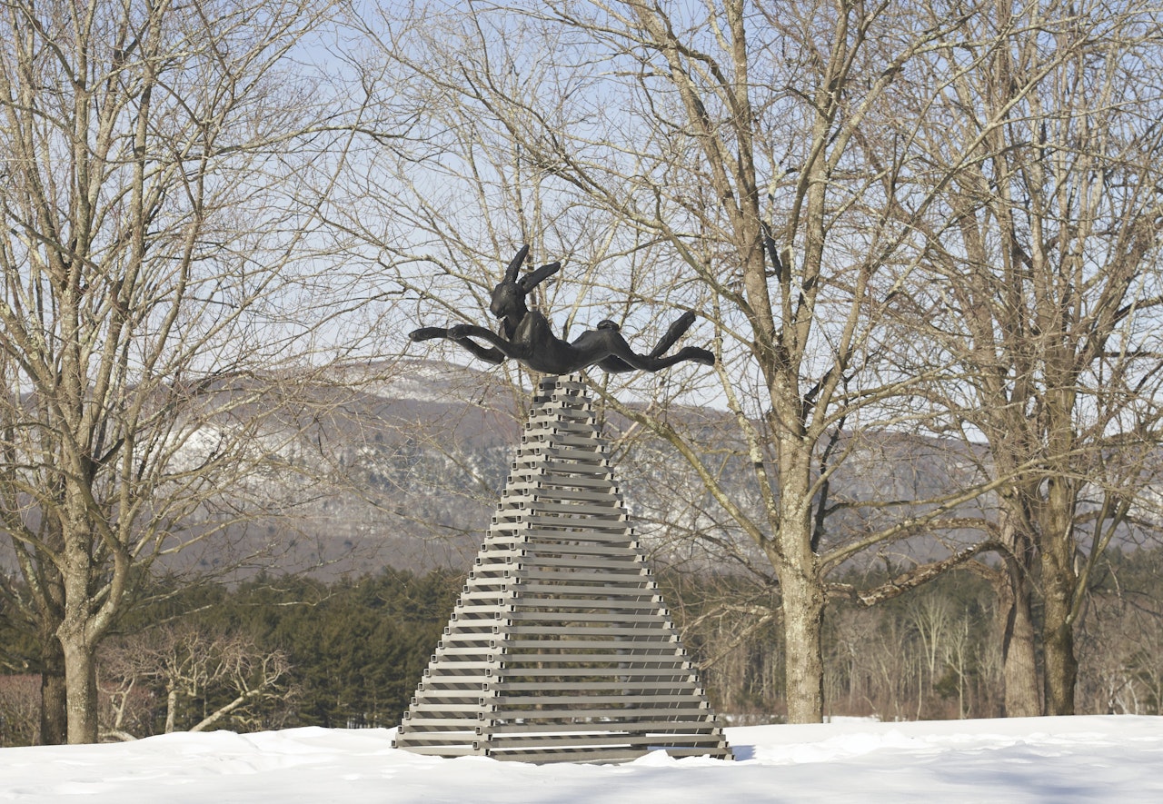 Six Foot Leaping Hare on Steel Pyramid by Barry Flanagan