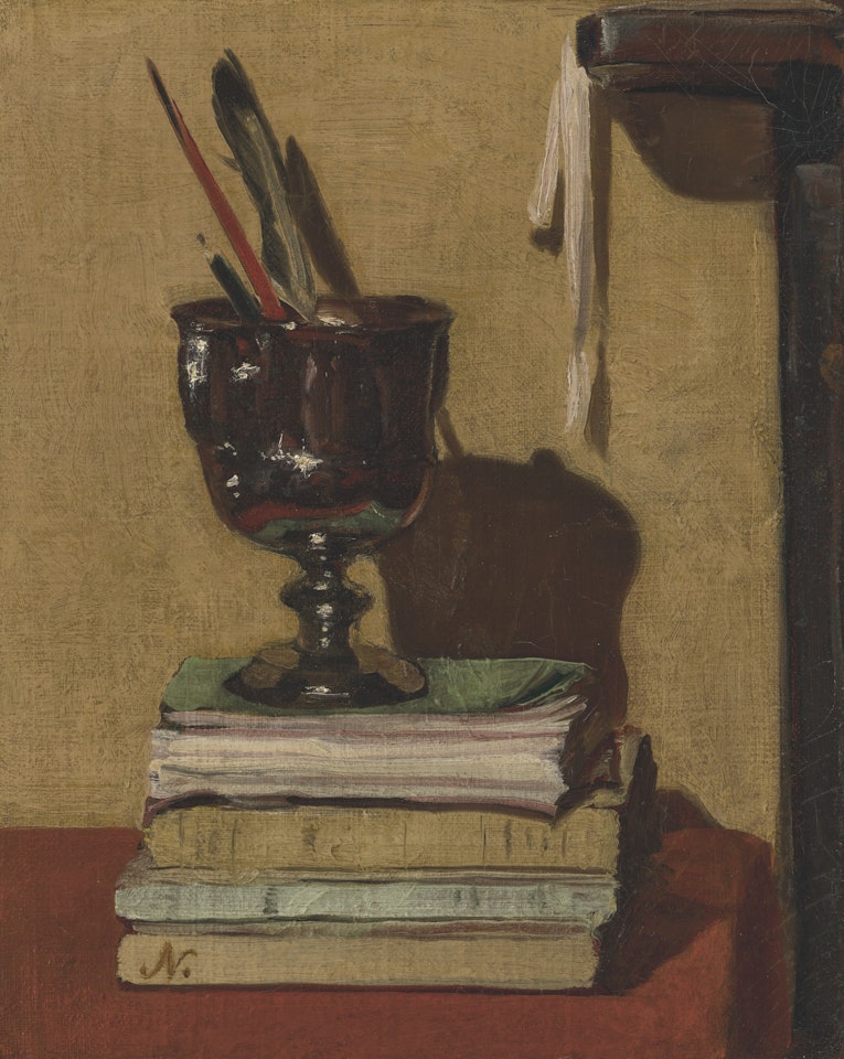 Vase and Books on a Red Table by William Nicholson