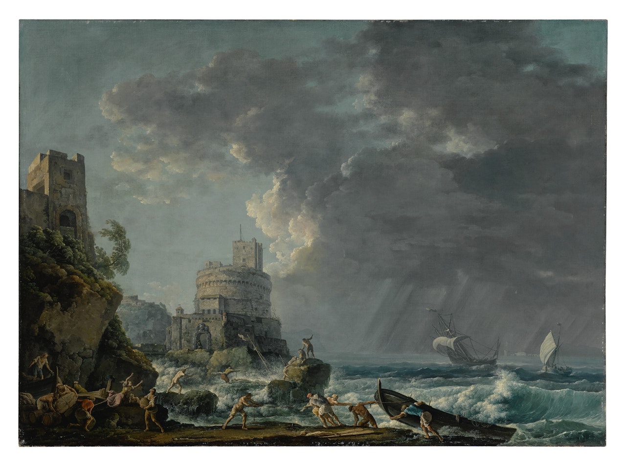 A storm off a rocky coast, with a shipwreck in the foreground and a fort on the rocky shoreline above by Carlo Bonavia