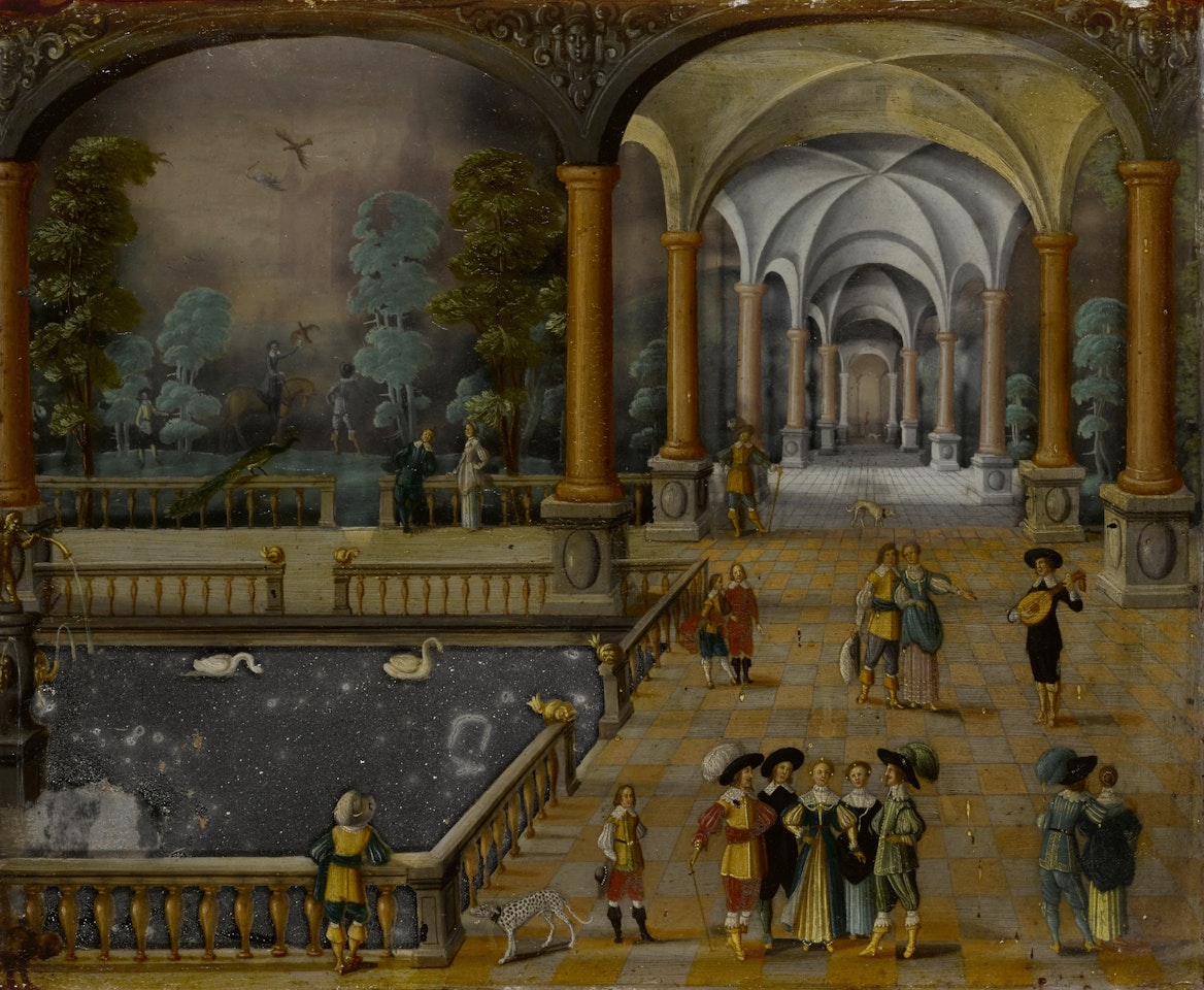 A fantasy palace with elegant company by Flemish School