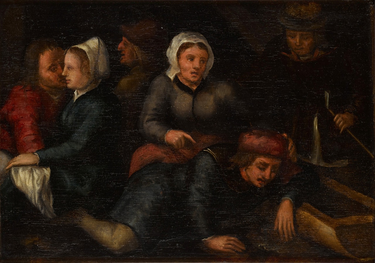 An interior with figures, possibly illustrating a scene from the story of the prodigal son by Flemish School