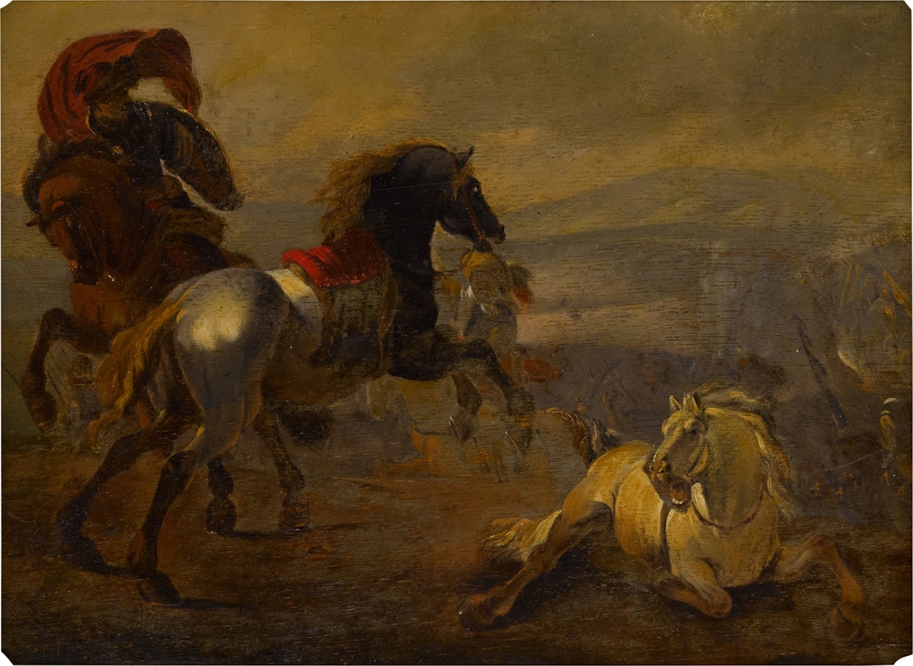 A landscape with a battle scene by French School
