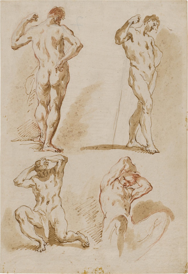 Two Sheets depicting male academy studies: A) Study of Four Male Nude B) Study of Five Male Nude by Gaspare Diziani