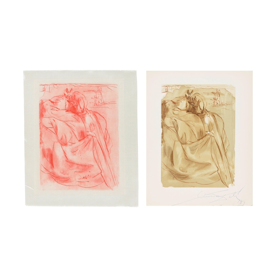 Two plates from Purgatory, Canto 24, from The Divine Comedy, wood engraving and corresponding etching on silk (2 works) by Salvador Dali
