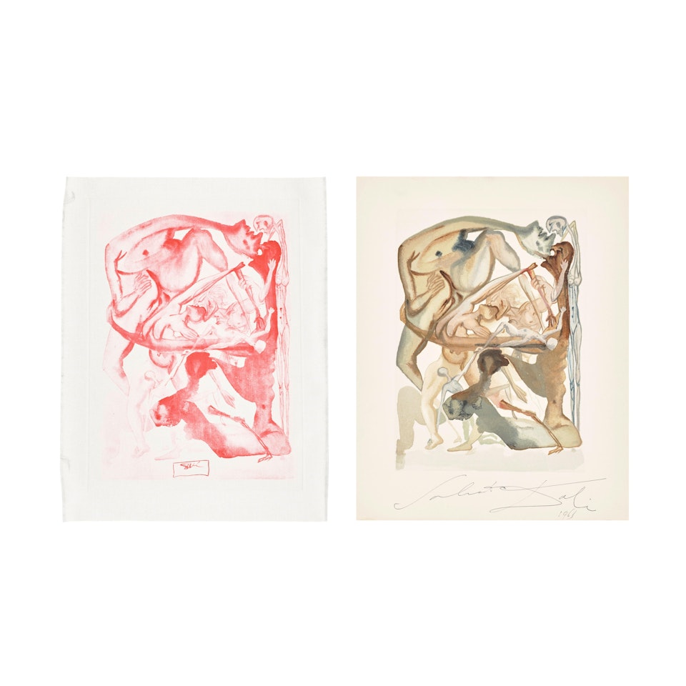 Two plates, from Hell, Canto 4, from The Divine Comedy, wood engraving and corresponding etching on silk (2 works) by Salvador Dali