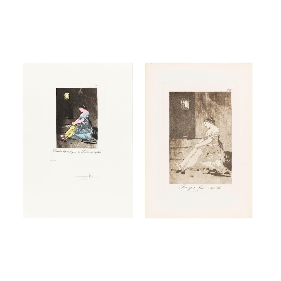 Plate 32,  Cuerda hipnagogica de Lulio estringido  from Les Caprices de Goya; plus  FRANCISCO GOYA (1746-1828)  Plate 32,  Porque fue sensible (Because she was susceptible)  from Los Caprichos (2 works) by Salvador Dali