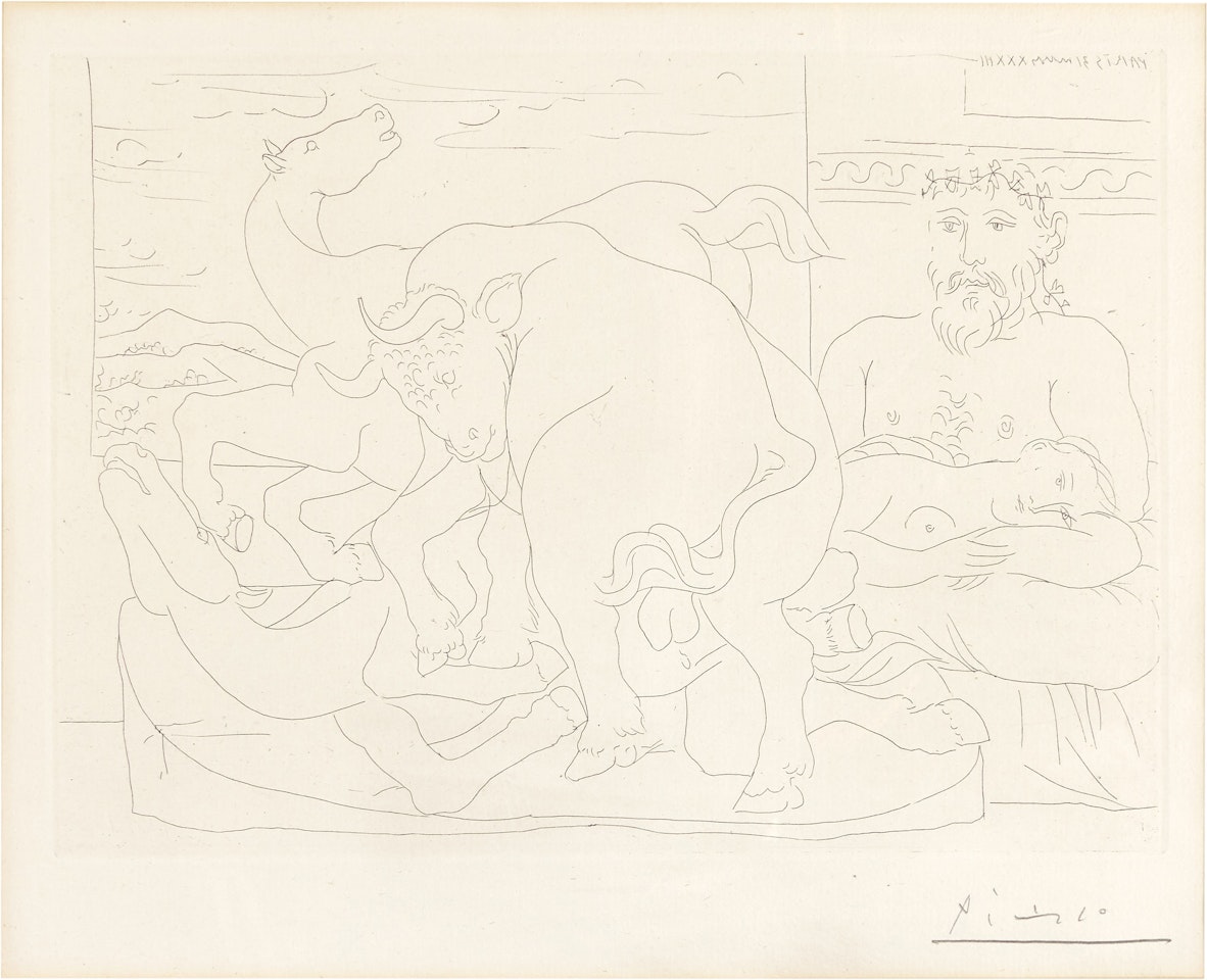 Le repos du sculpteur devant des chevaux et un taureau (B. 166; Ba. 319) by Pablo Picasso