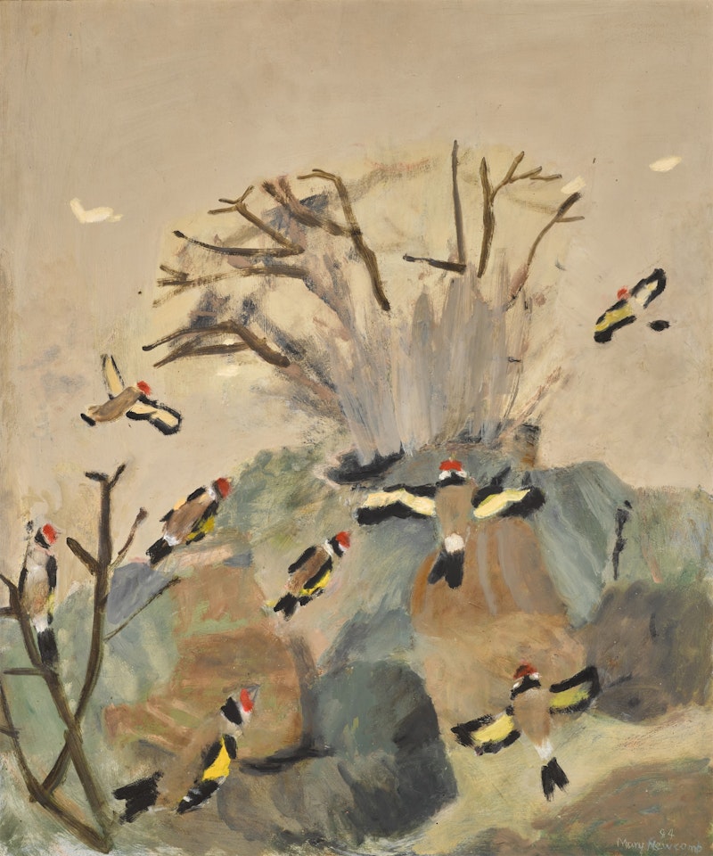 Goldfinches Flying To A Lit Bush by Mary Newcomb