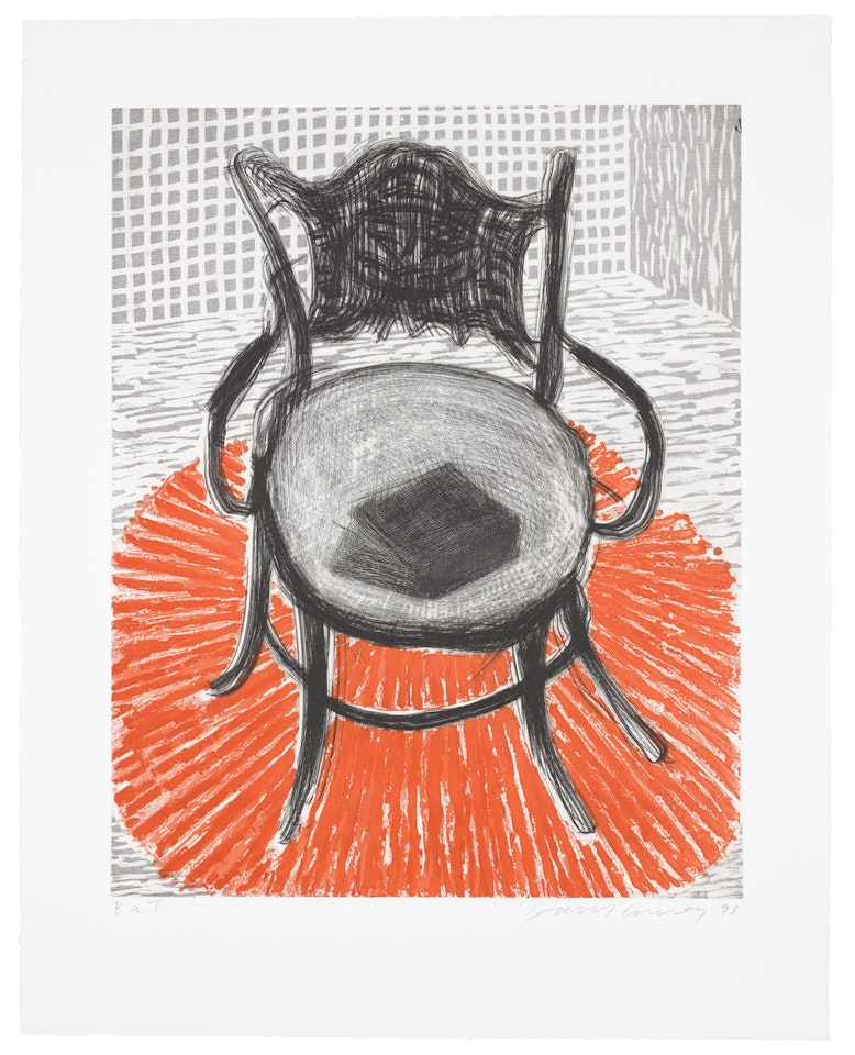 Chair with Book on Red Carpet by David Hockney