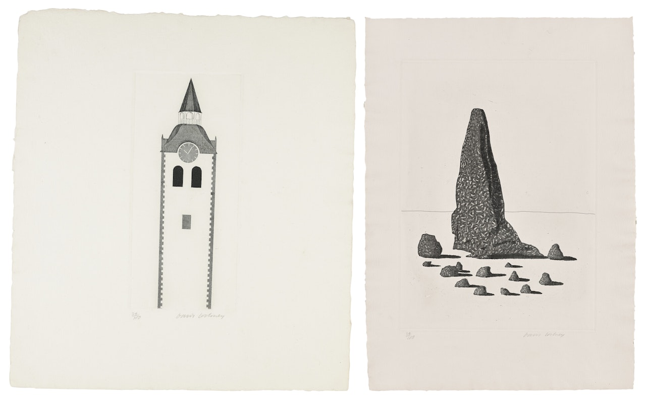 The Church Tower and the Clock & The Sexton disguised as a Ghost, from: Illustrations for Six Fairy Tales from the Brothers Grimm by David Hockney