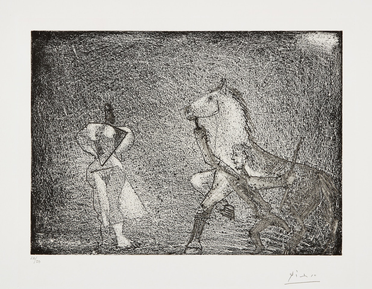 Homme arrêtant un cheval devant une femme (Man Stopping a Horse in Front of a Woman), plate 57 from 347 Series (Bl. 1537, Ba. 1553) by Pablo Picasso