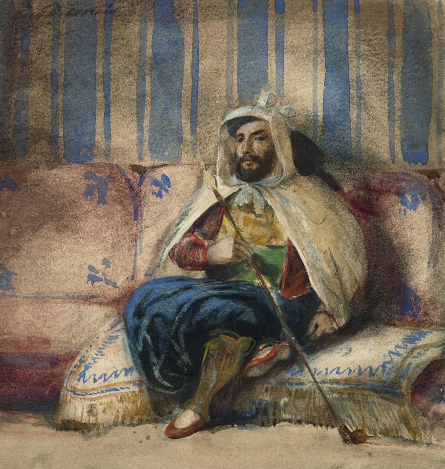 A man in Oriental costume smoking on a sofa by Eugene Delacroix