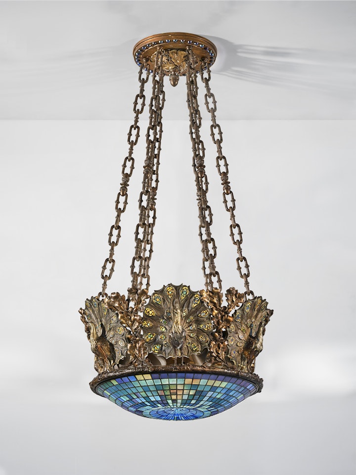 'PEACOCK' CHANDELIER FROM ANITA BALDWIN'S RESIDENCE, 'ANOAKIA', ARCADIA, CALIFORNIA, CIRCA by Tiffany Studios