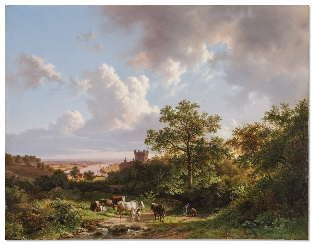 A panoramic landscape with a view on the Middle-Rhine with a castle by Barend Cornelis Koekkoek