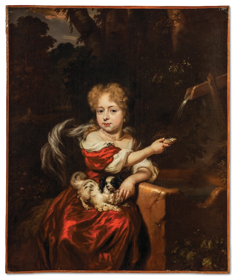 Portrait of a girl, three-quarter length, in a red satin dress by a fountain, a dog on her lap by Nicolaes Maes