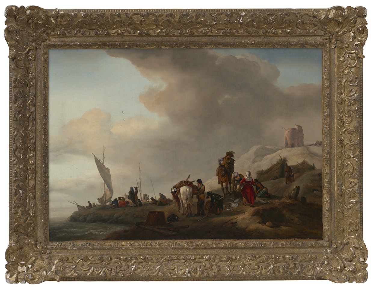 Fisherfolk unloading their catch on the seashore by Philips Wouwerman