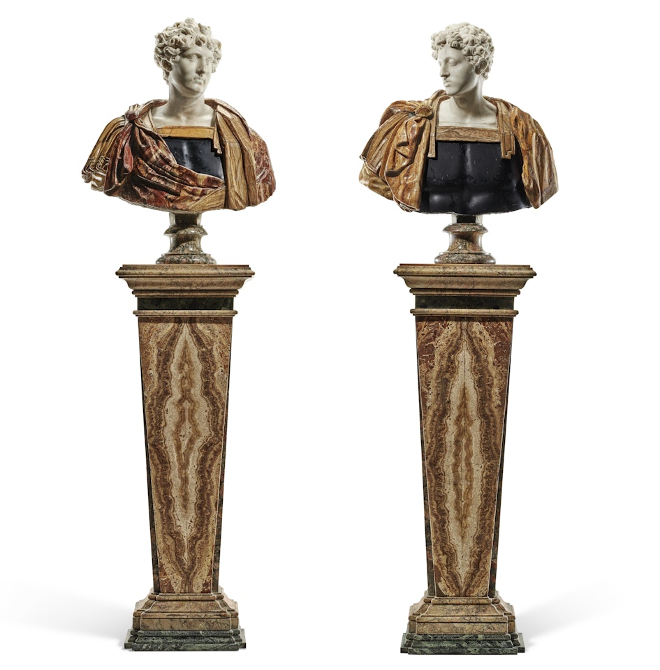 A MATCHED PAIR OF WHITE AND POLYCHROME MARBLE AND ALABSTER BUSTS OF ROMAN EMPERORS, POSSIBLY YOUNG MARCUS AURELIUS AND ANOTHER POSSIBLE ROMAN EMPEROR, ON LATER ALABASTER AND MARBLE PEDESTALS by Italian School