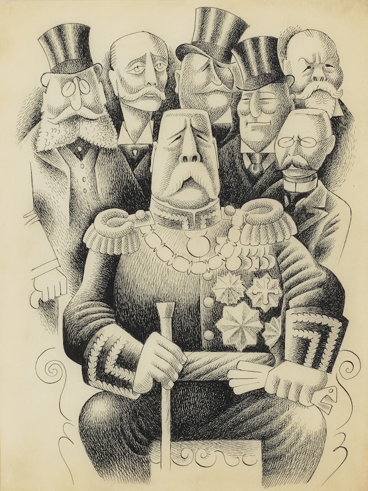 Porfirio Díaz en 1908 rodeado de Científicos: Rosendo Pineda, José Castelló, Ramón Corral, Pimentel y Fagoage, Limantour, Justo Sierra. by Miguel Covarrubias