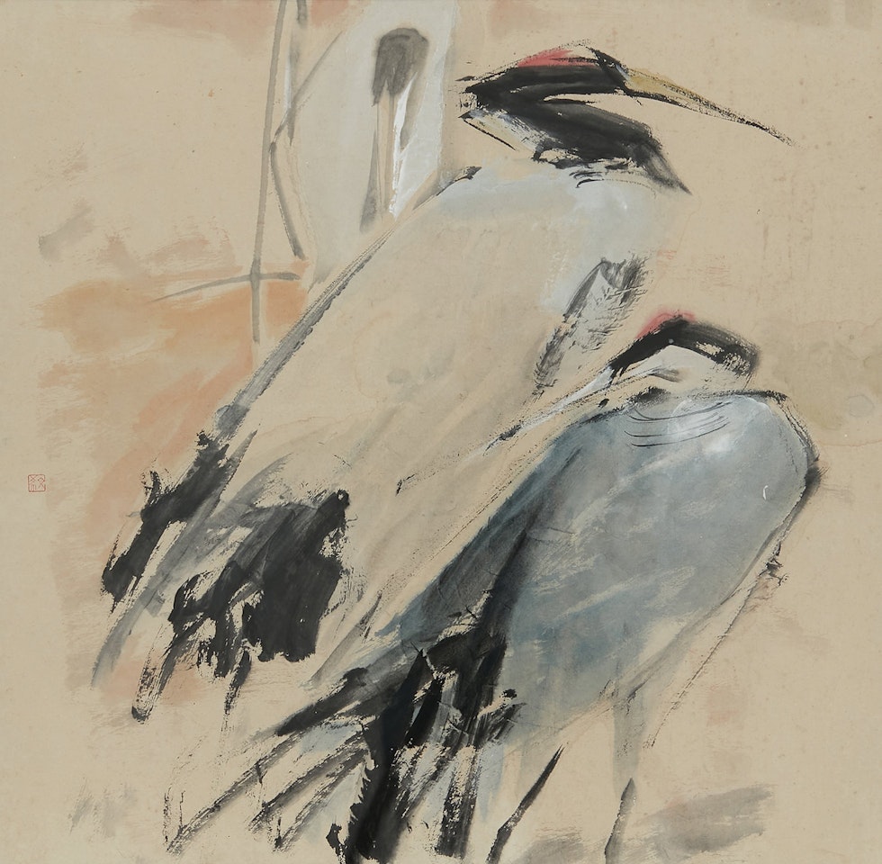 Two cranes, finger painting by Chen Wen Hsi