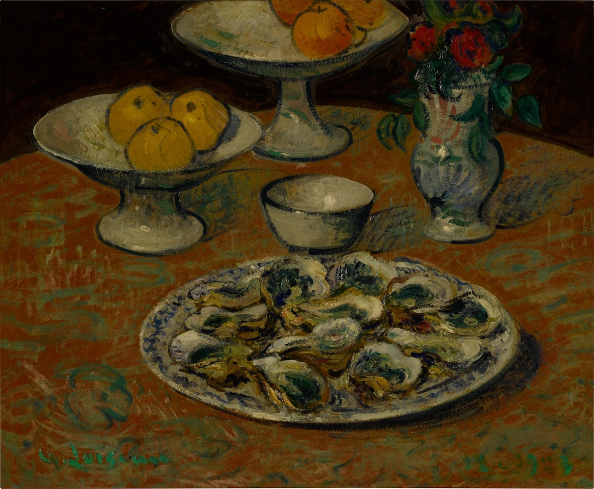 Nature morte, huîtres, fruits et fleurs by Gustave Loiseau