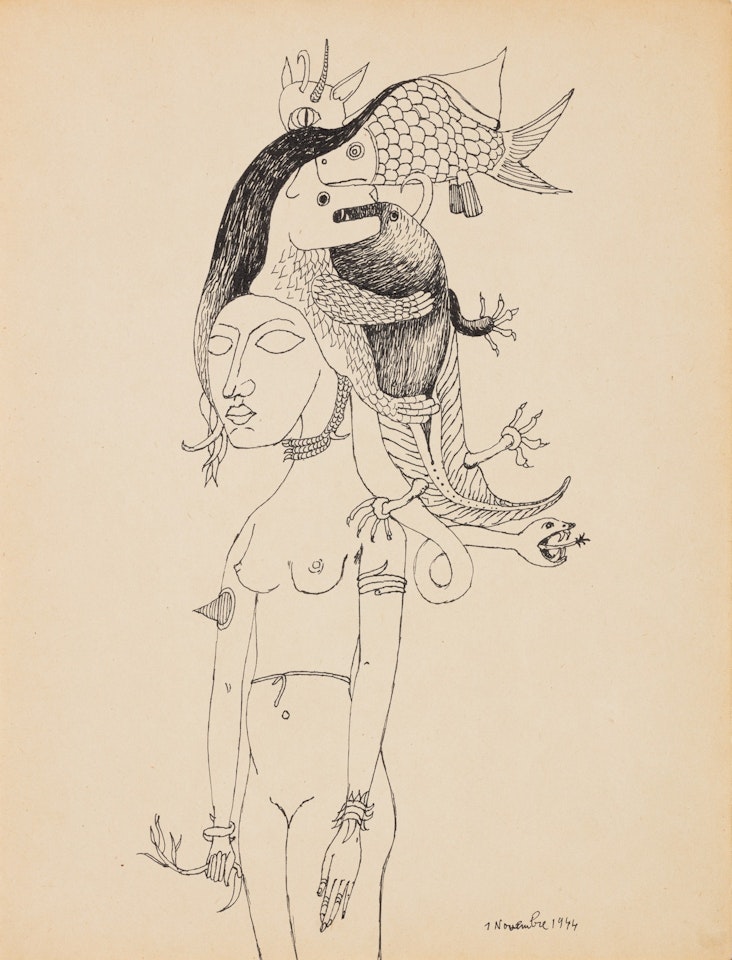 Femme aux poissons (Variation originale autour du thème de la femme rose-croix) by Victor Brauner