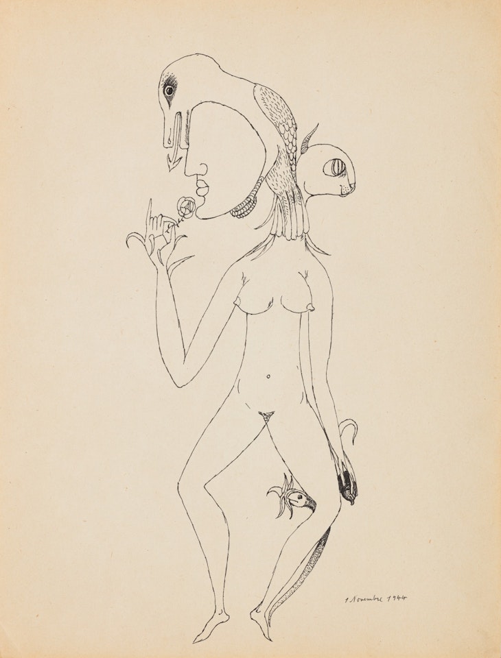 Femme au chat (Variation originale autour du thème de la femme rose-croix) by Victor Brauner