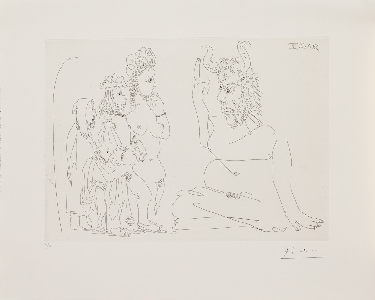 Vieux cocu racontant son histoire à une groupe de personnes de toutes les époques (B. 1428; Ba. 1456) by Pablo Picasso