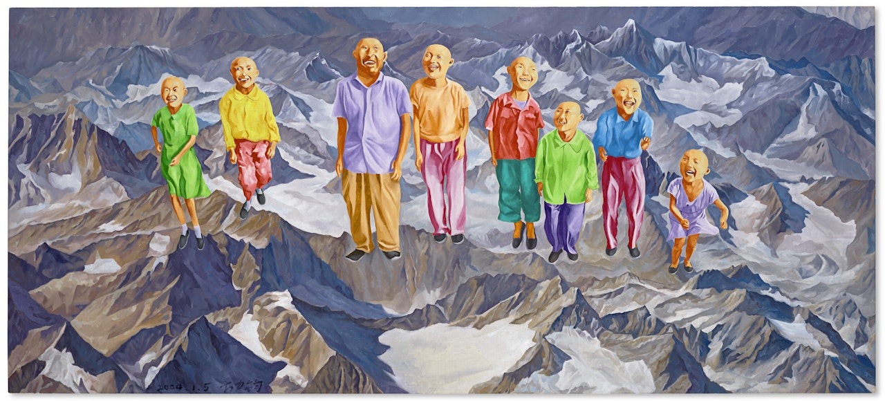 Untitled (Figures over Sichuan Mountains) by Fang Lijun