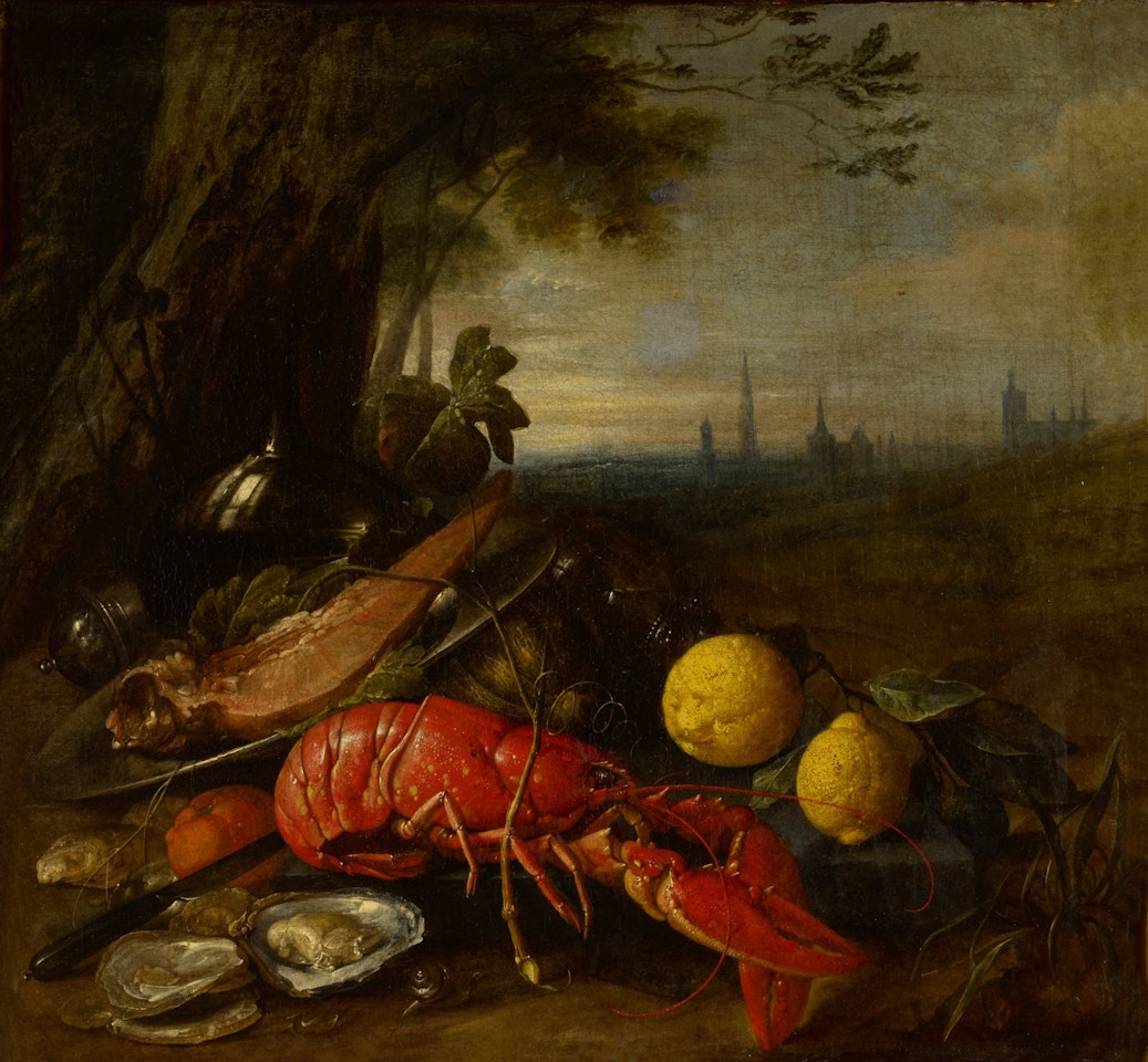 Still life of a lobster, oysters and lemons beneath a tree, with a view of Brussels beyond by Cornelis de Heem